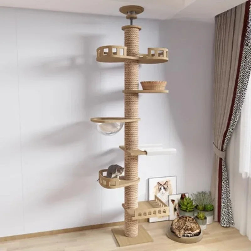 Cats Tree Floor Solid Wooden Cat Tree House Climbing Pets Furniture Adjustable Kitten Trees Tower Multilayer Cat Climbing Frame