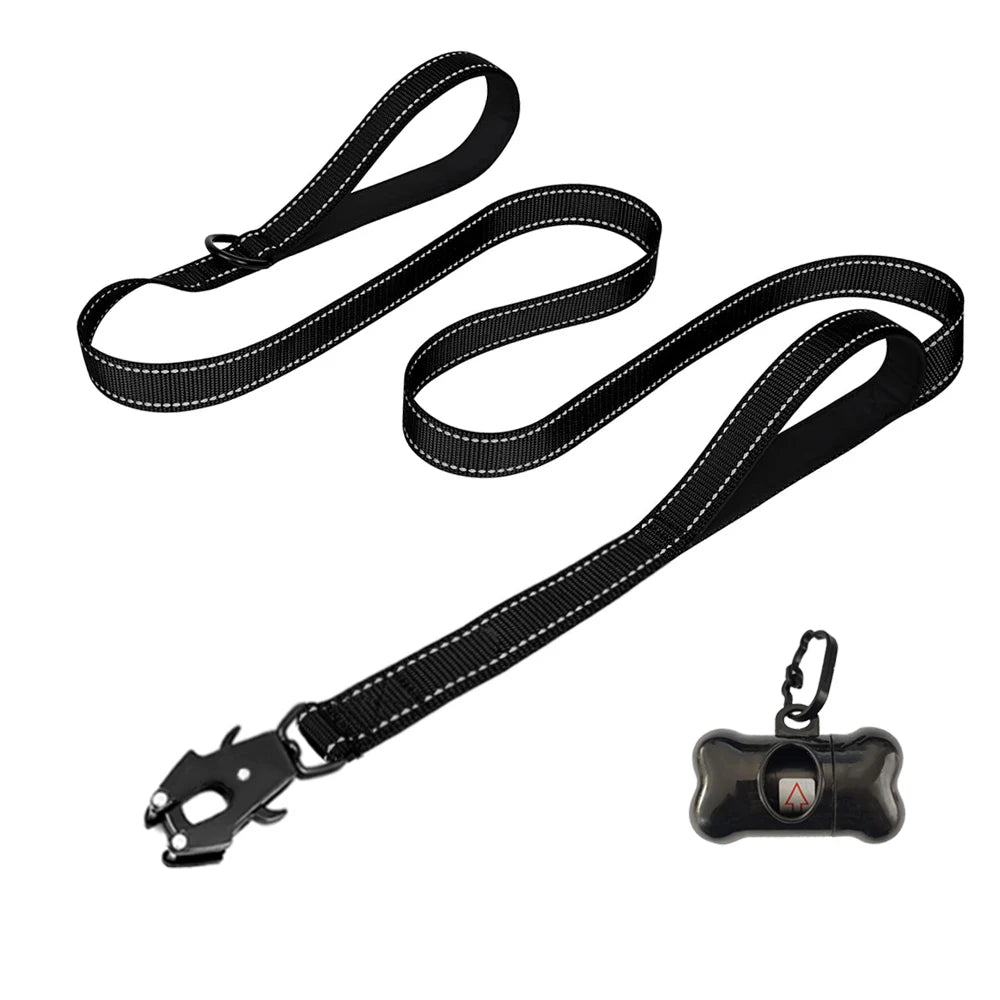 Heavy Duty Dog Leash- Nylon reflective  with Soft Padded 2 Handle & Auto Lock Frog Clip Outdoor dog leash With a dog poop bag