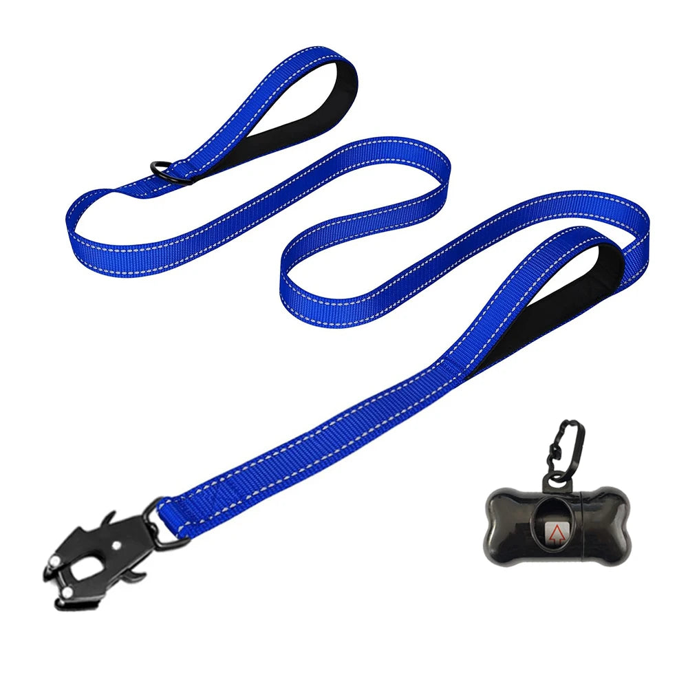 Heavy Duty Dog Leash- Nylon reflective  with Soft Padded 2 Handle & Auto Lock Frog Clip Outdoor dog leash With a dog poop bag