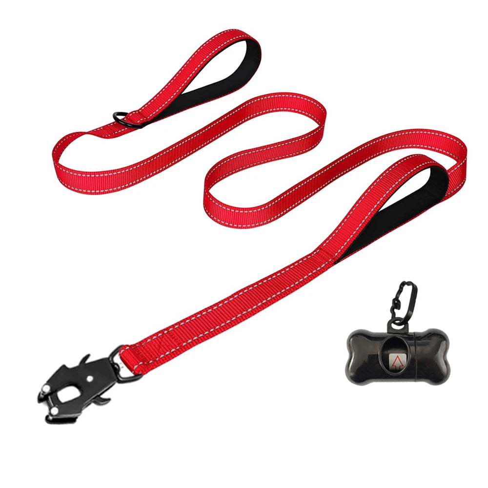 Heavy Duty Dog Leash- Nylon reflective  with Soft Padded 2 Handle & Auto Lock Frog Clip Outdoor dog leash With a dog poop bag