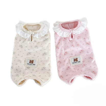 Spring and Autumn/Winter Pet Jumpsuit, Cat and Dog Clothes, Floral and Velvet Lace Elastic Home Sleepwear Puppy Cloth Pajamas