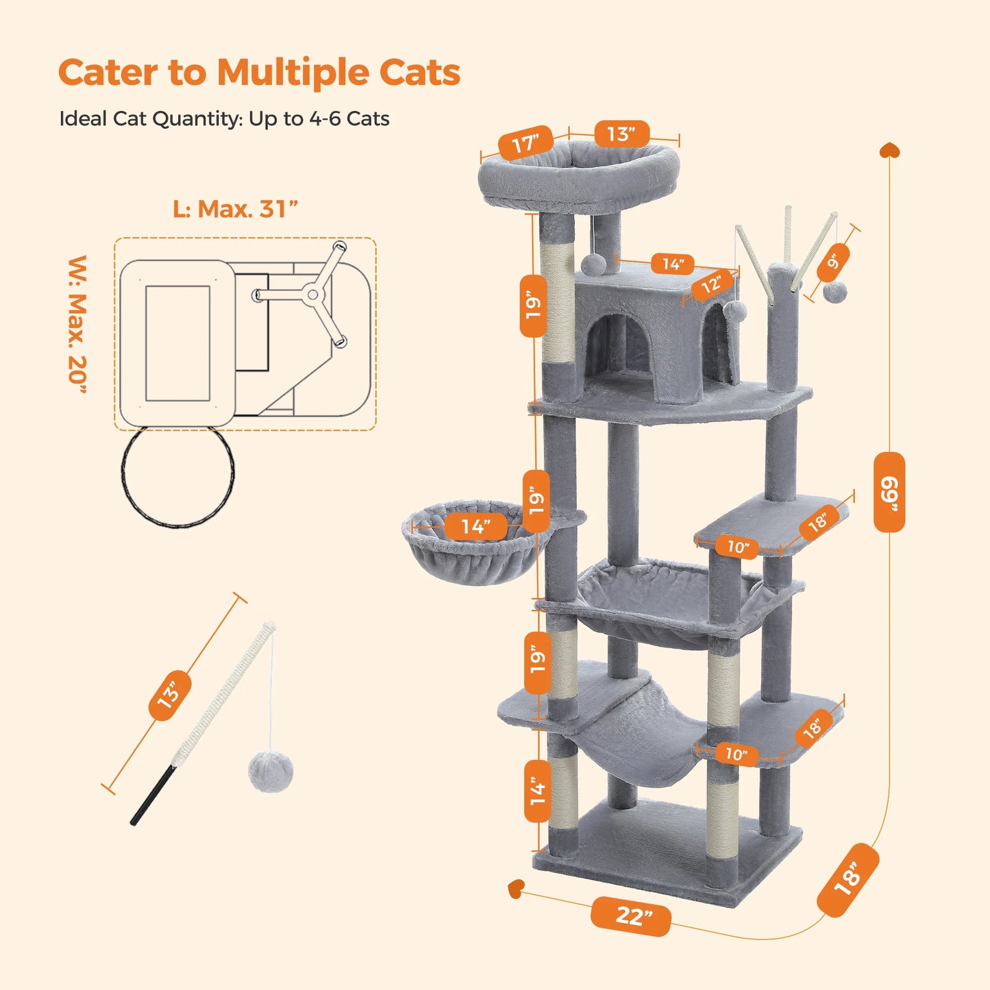 Large Cat Tree for Indoor Large Cats Tall Cat Tower for Fat Cats with Super Big Hammock, Cat Climbing Trees with Scratching Post