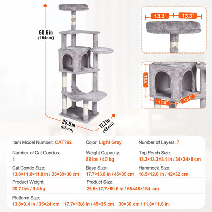 VEVOR Cat Tree for Indoor Cats 45.2" Cat Tower with Cat Condo Sisal Scratching Post HammockTop Perch Jumping Platforms Dark Grey