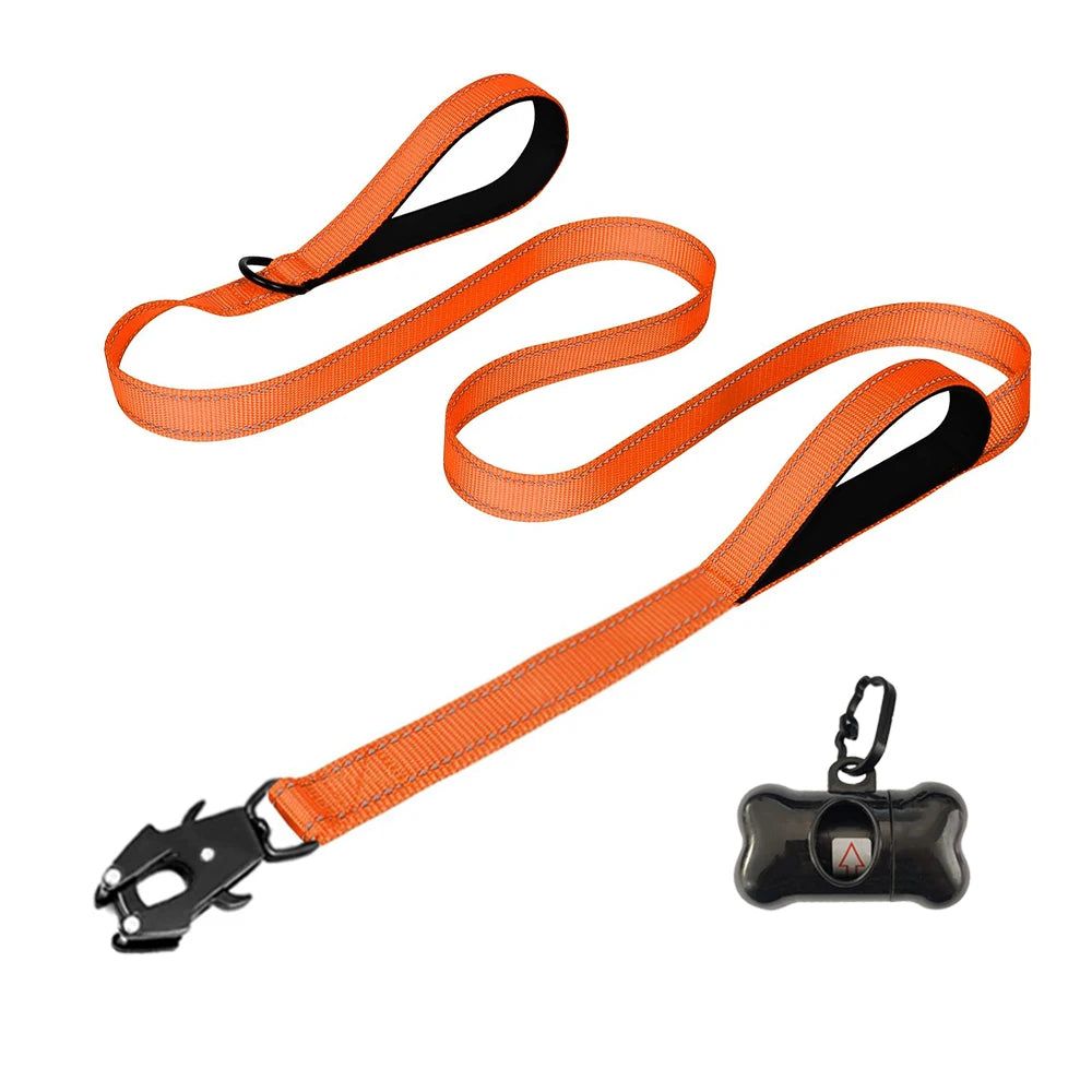 Heavy Duty Dog Leash- Nylon reflective  with Soft Padded 2 Handle & Auto Lock Frog Clip Outdoor dog leash With a dog poop bag