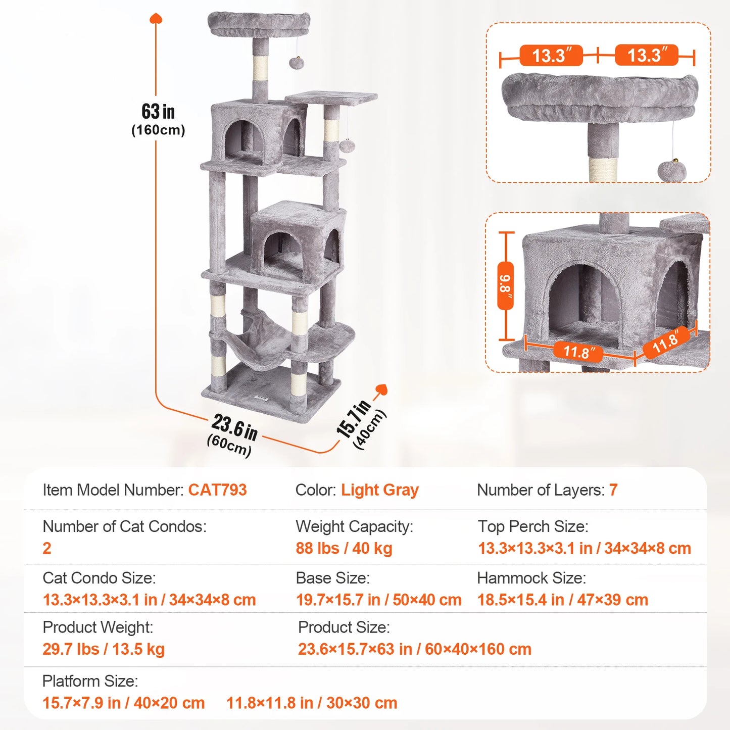 VEVOR Cat Tree for Indoor Cats 45.2" Cat Tower with Cat Condo Sisal Scratching Post HammockTop Perch Jumping Platforms Dark Grey