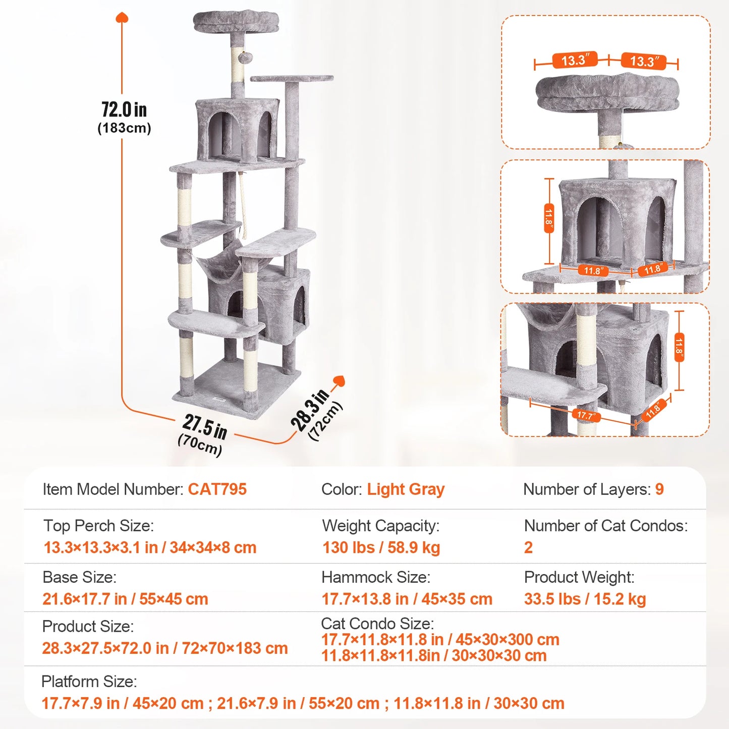 VEVOR Cat Tree for Indoor Cats 45.2" Cat Tower with Cat Condo Sisal Scratching Post HammockTop Perch Jumping Platforms Dark Grey