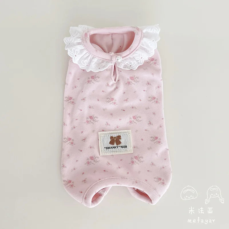 Spring and Autumn/Winter Pet Jumpsuit, Cat and Dog Clothes, Floral and Velvet Lace Elastic Home Sleepwear Puppy Cloth Pajamas