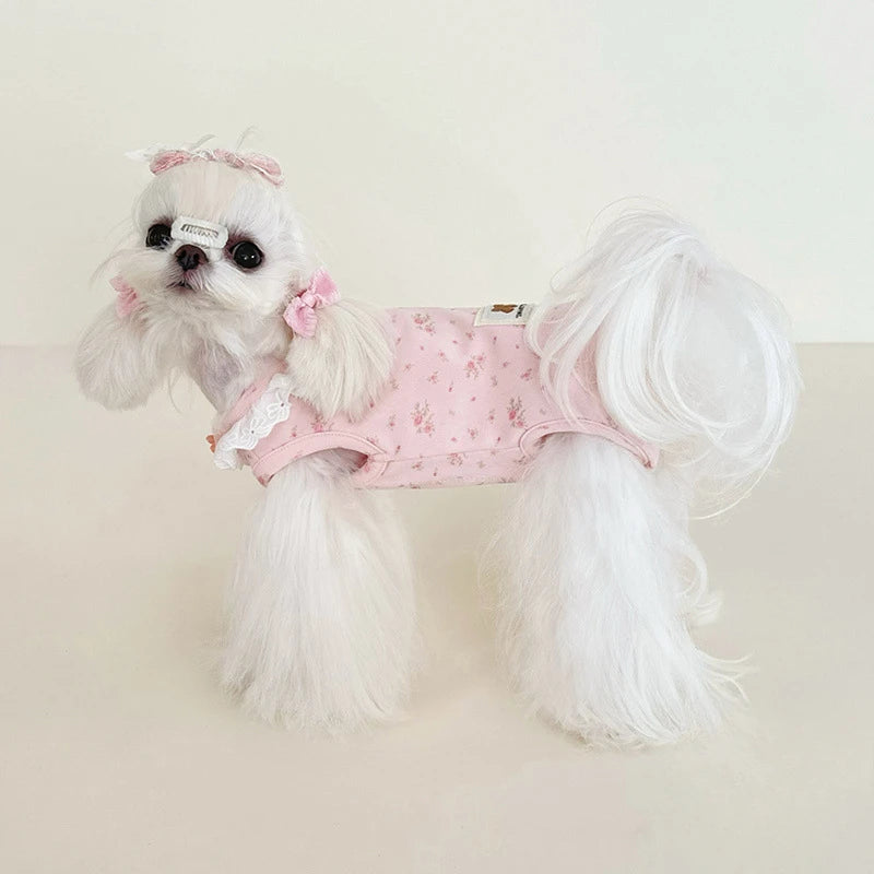 Spring and Autumn/Winter Pet Jumpsuit, Cat and Dog Clothes, Floral and Velvet Lace Elastic Home Sleepwear Puppy Cloth Pajamas