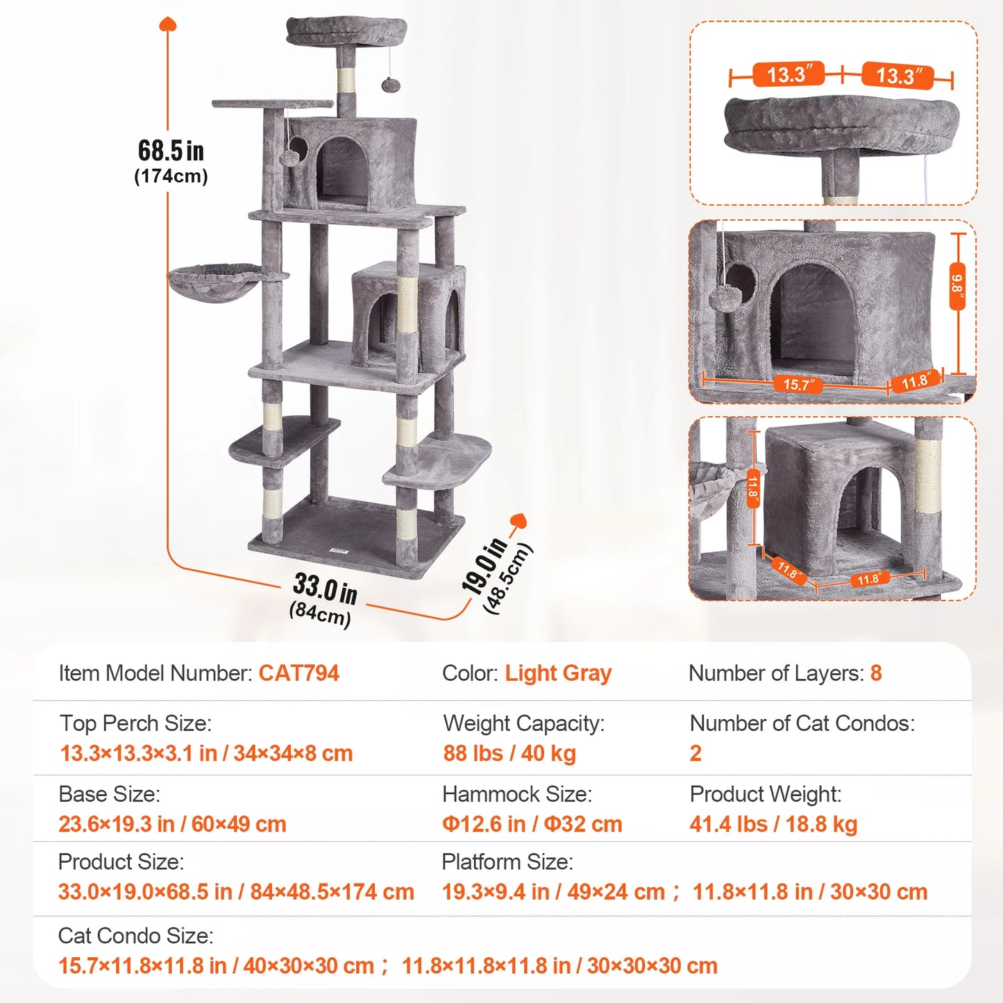 VEVOR Cat Tree for Indoor Cats 45.2" Cat Tower with Cat Condo Sisal Scratching Post HammockTop Perch Jumping Platforms Dark Grey