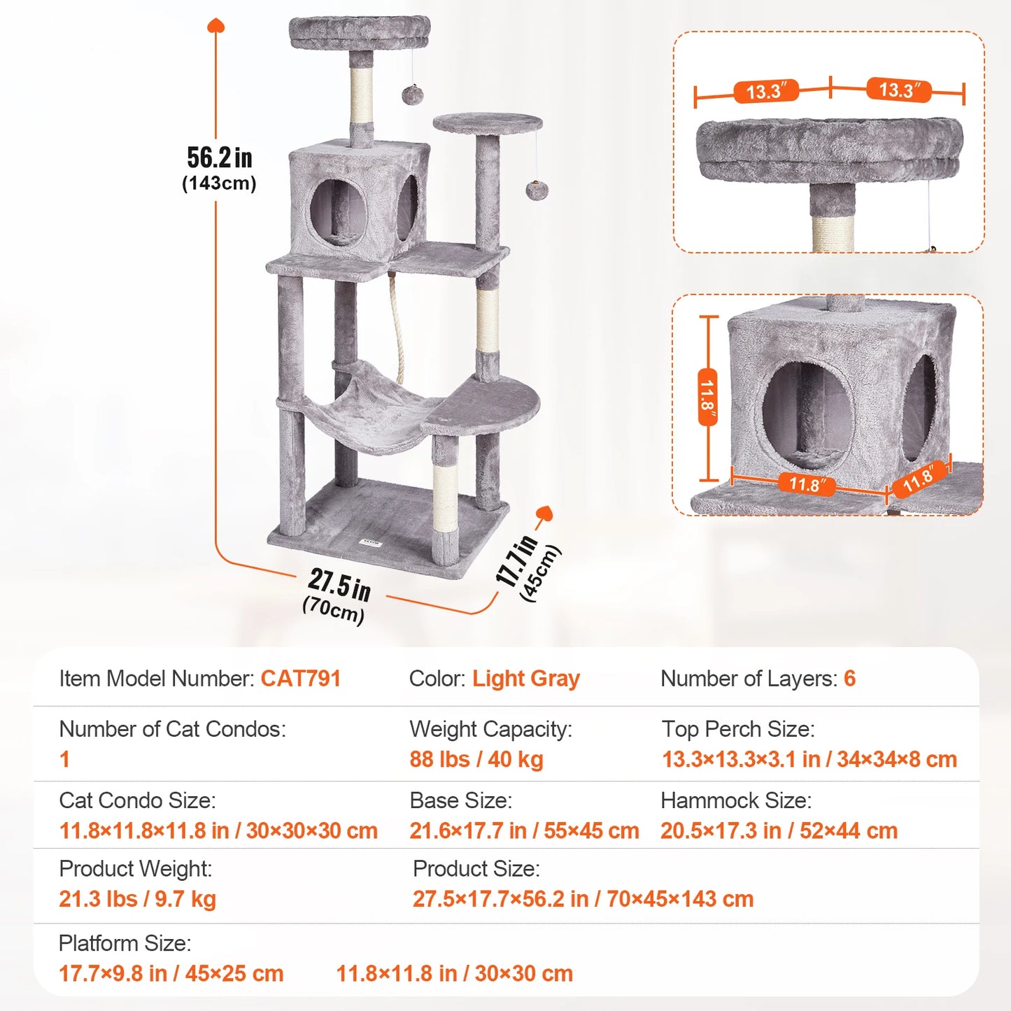 VEVOR Cat Tree for Indoor Cats 45.2" Cat Tower with Cat Condo Sisal Scratching Post HammockTop Perch Jumping Platforms Dark Grey