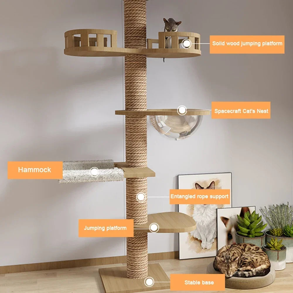 Cats Tree Floor Solid Wooden Cat Tree House Climbing Pets Furniture Adjustable Kitten Trees Tower Multilayer Cat Climbing Frame