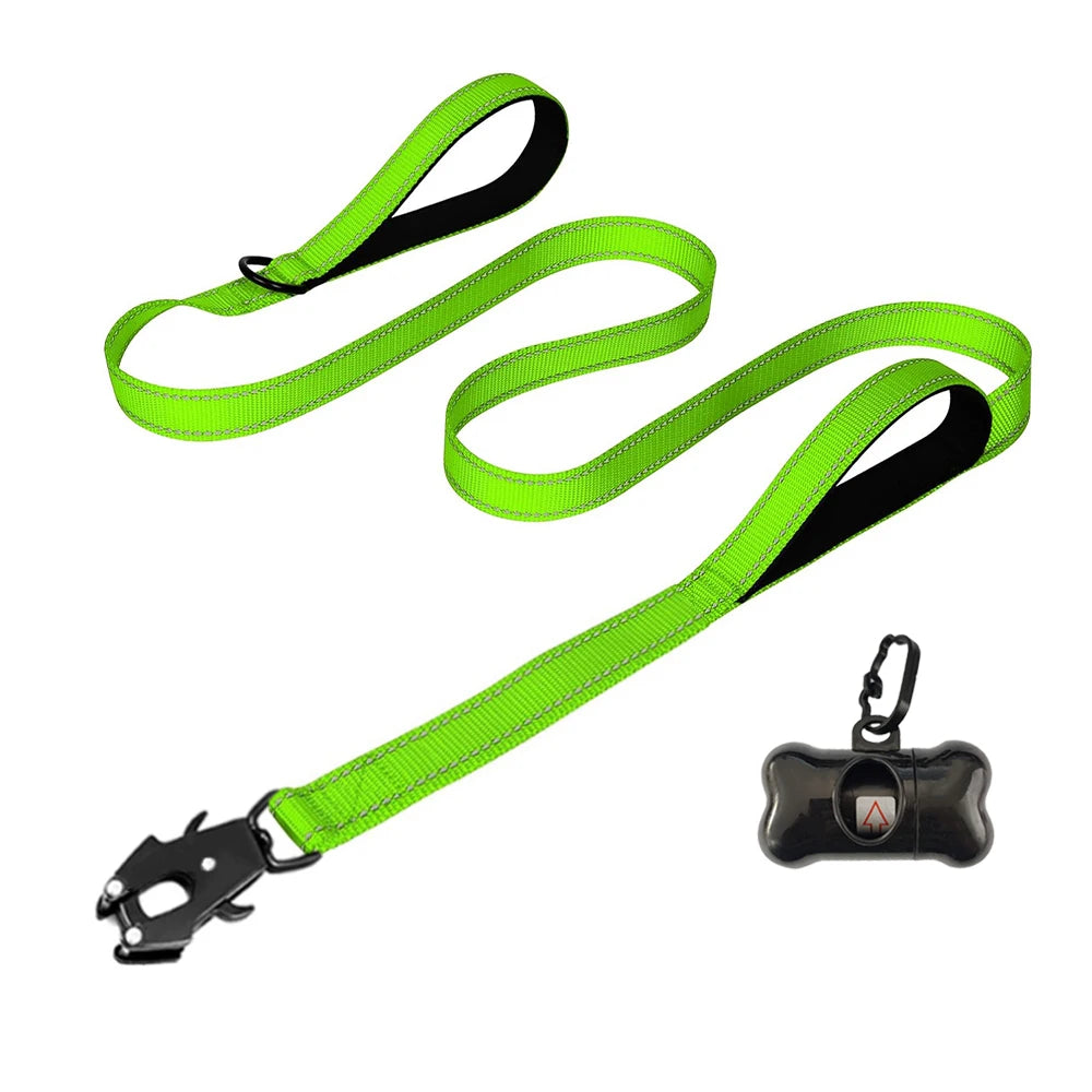 Heavy Duty Dog Leash- Nylon reflective  with Soft Padded 2 Handle & Auto Lock Frog Clip Outdoor dog leash With a dog poop bag