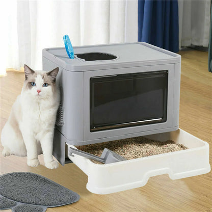 Large Hooded Cat Litter Box Tray Drawer Type Pet Kitty Toilet Top Entry Anti-Splashing Enclosed Potty with Hair Grooming Scoop