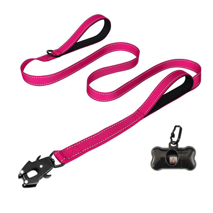 Heavy Duty Dog Leash- Nylon reflective  with Soft Padded 2 Handle & Auto Lock Frog Clip Outdoor dog leash With a dog poop bag