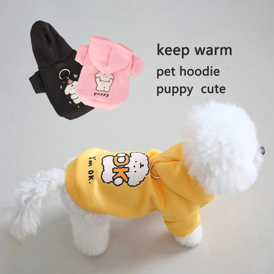 Cat and dog clothes for autumn and winter, made of milk silk and flannel, with a cute dog print hoodie and drawstring buckle