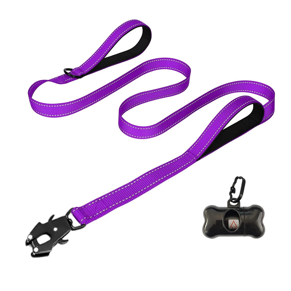 Heavy Duty Dog Leash- Nylon reflective  with Soft Padded 2 Handle & Auto Lock Frog Clip Outdoor dog leash With a dog poop bag