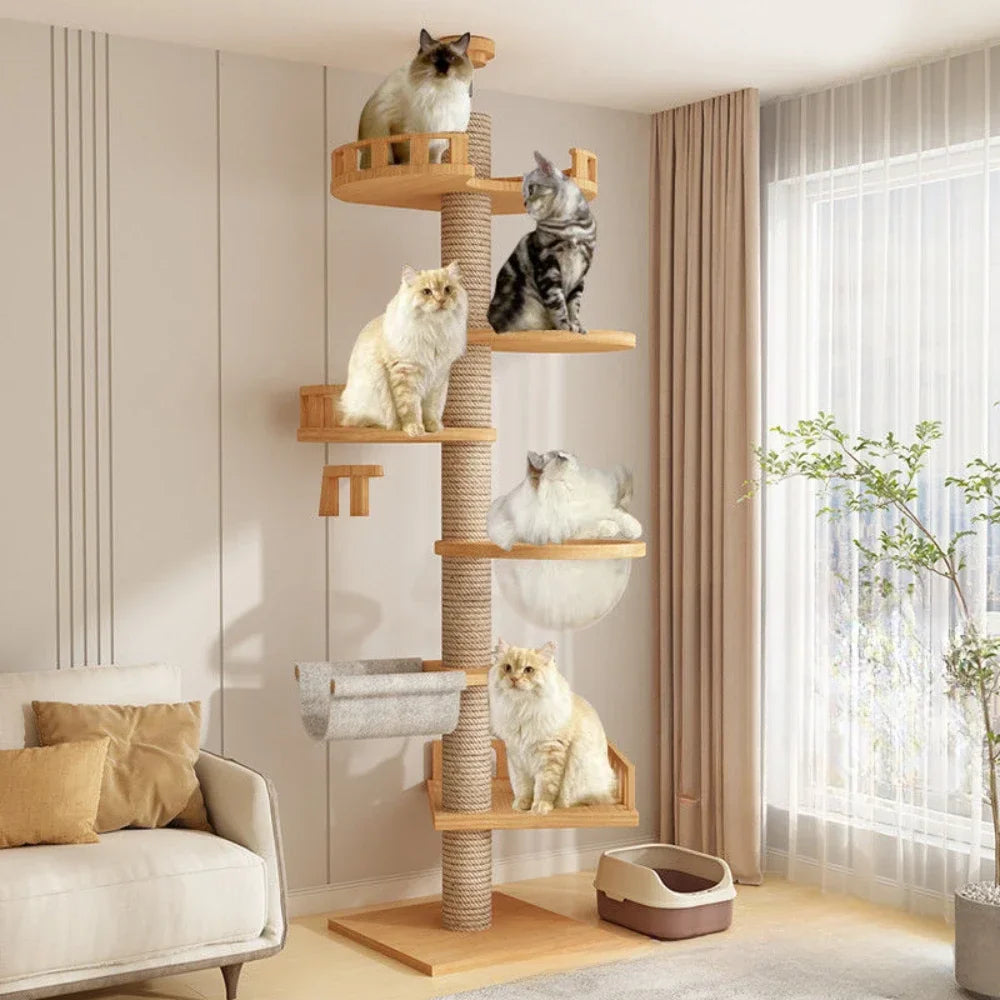 Cats Tree Floor Solid Wooden Cat Tree House Climbing Pets Furniture Adjustable Kitten Trees Tower Multilayer Cat Climbing Frame