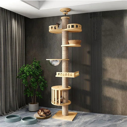 Cats Tree Floor Solid Wooden Cat Tree House Climbing Pets Furniture Adjustable Kitten Trees Tower Multilayer Cat Climbing Frame