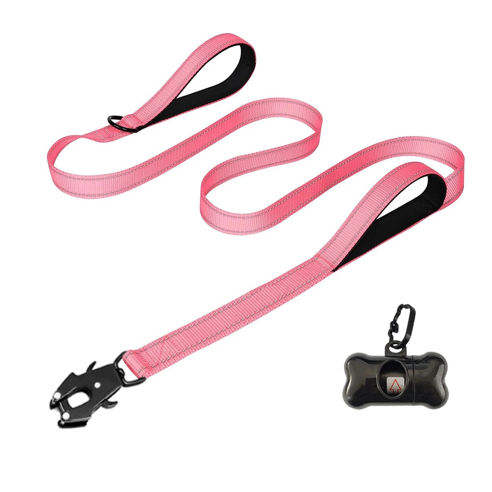 Heavy Duty Dog Leash- Nylon reflective  with Soft Padded 2 Handle & Auto Lock Frog Clip Outdoor dog leash With a dog poop bag