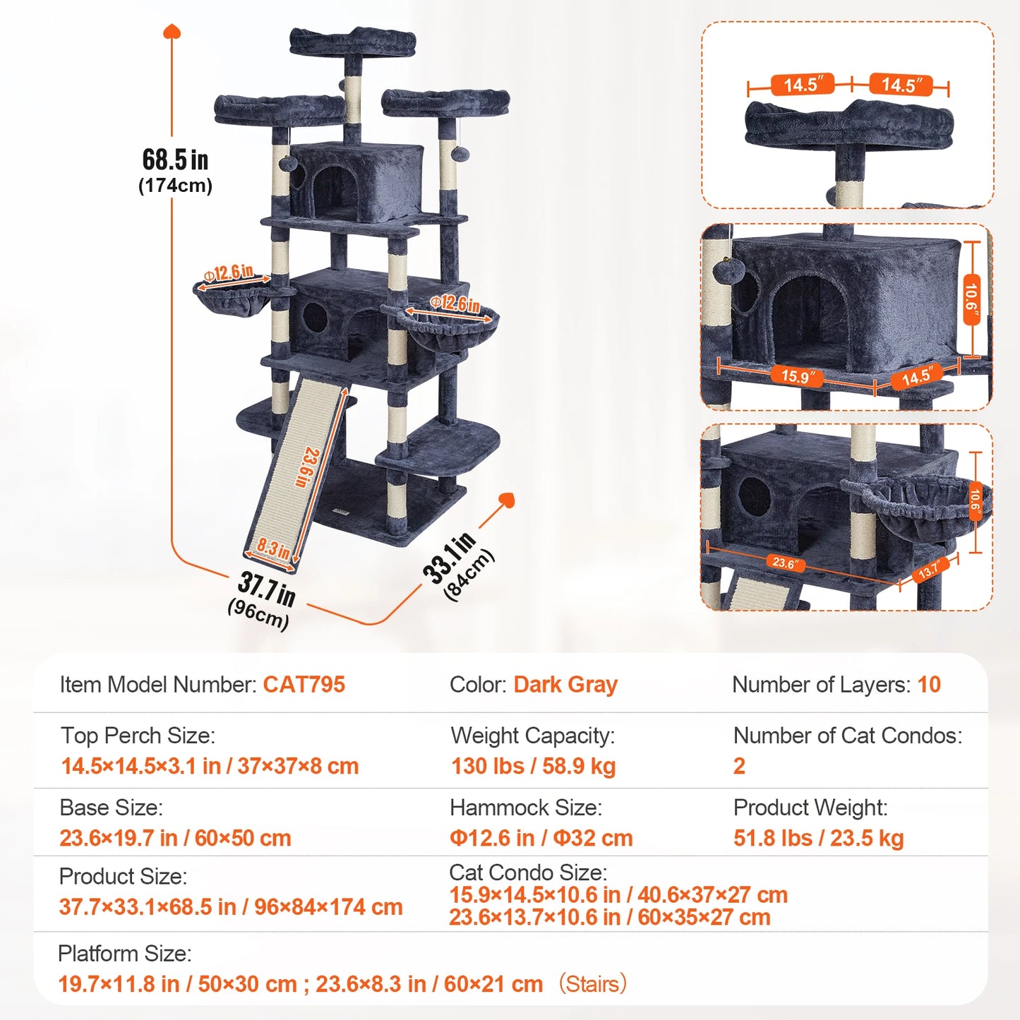 VEVOR Cat Tree for Indoor Cats 45.2" Cat Tower with Cat Condo Sisal Scratching Post HammockTop Perch Jumping Platforms Dark Grey