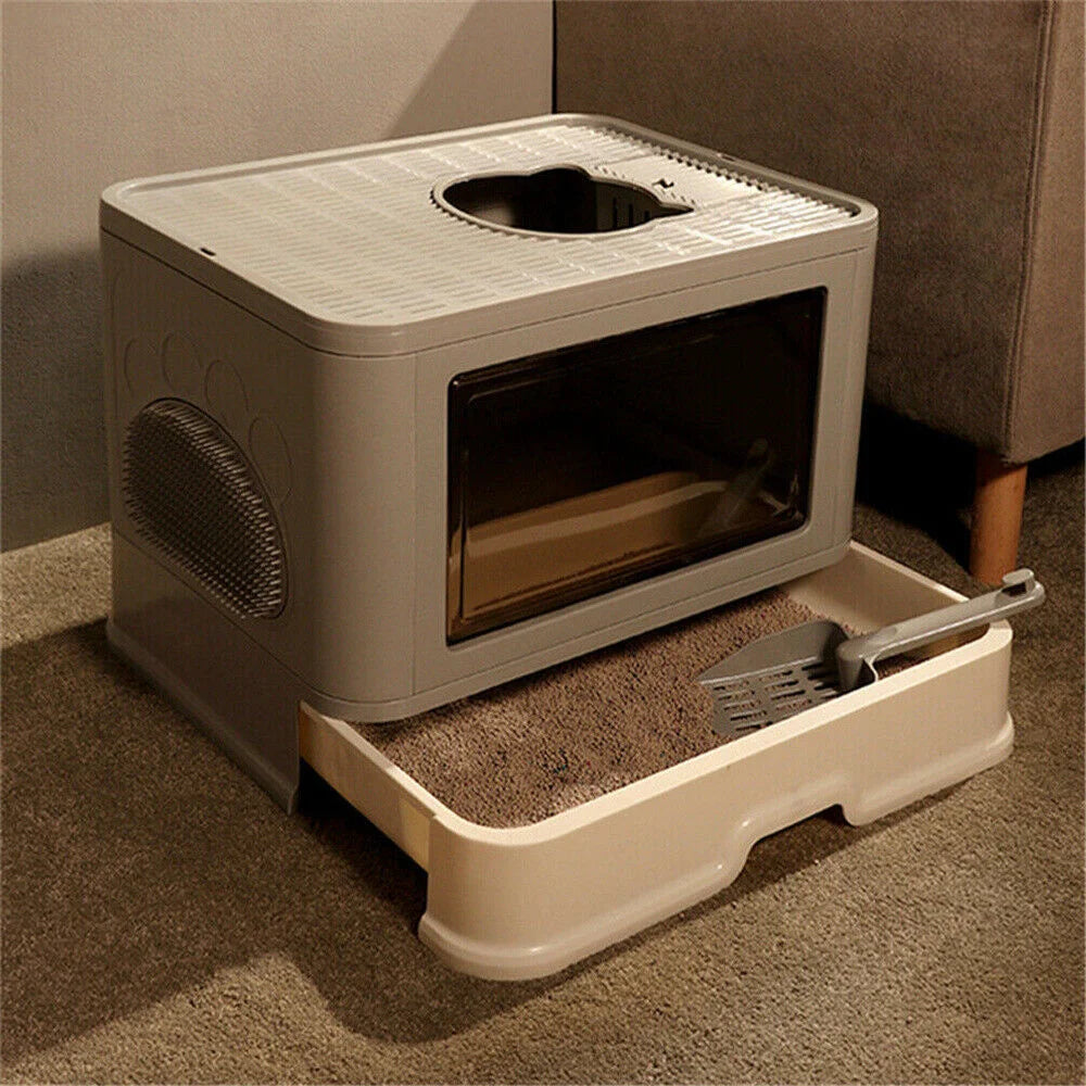 Large Hooded Cat Litter Box Tray Drawer Type Pet Kitty Toilet Top Entry Anti-Splashing Enclosed Potty with Hair Grooming Scoop